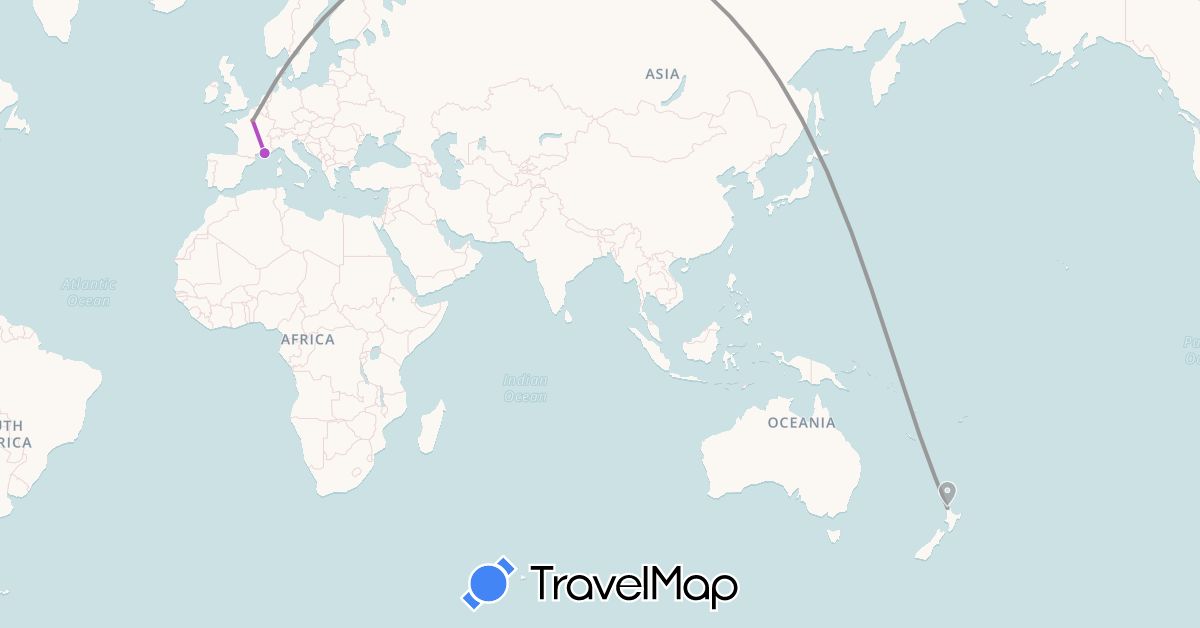 TravelMap itinerary: driving, plane, train, hiking in France, New Zealand (Europe, Oceania)